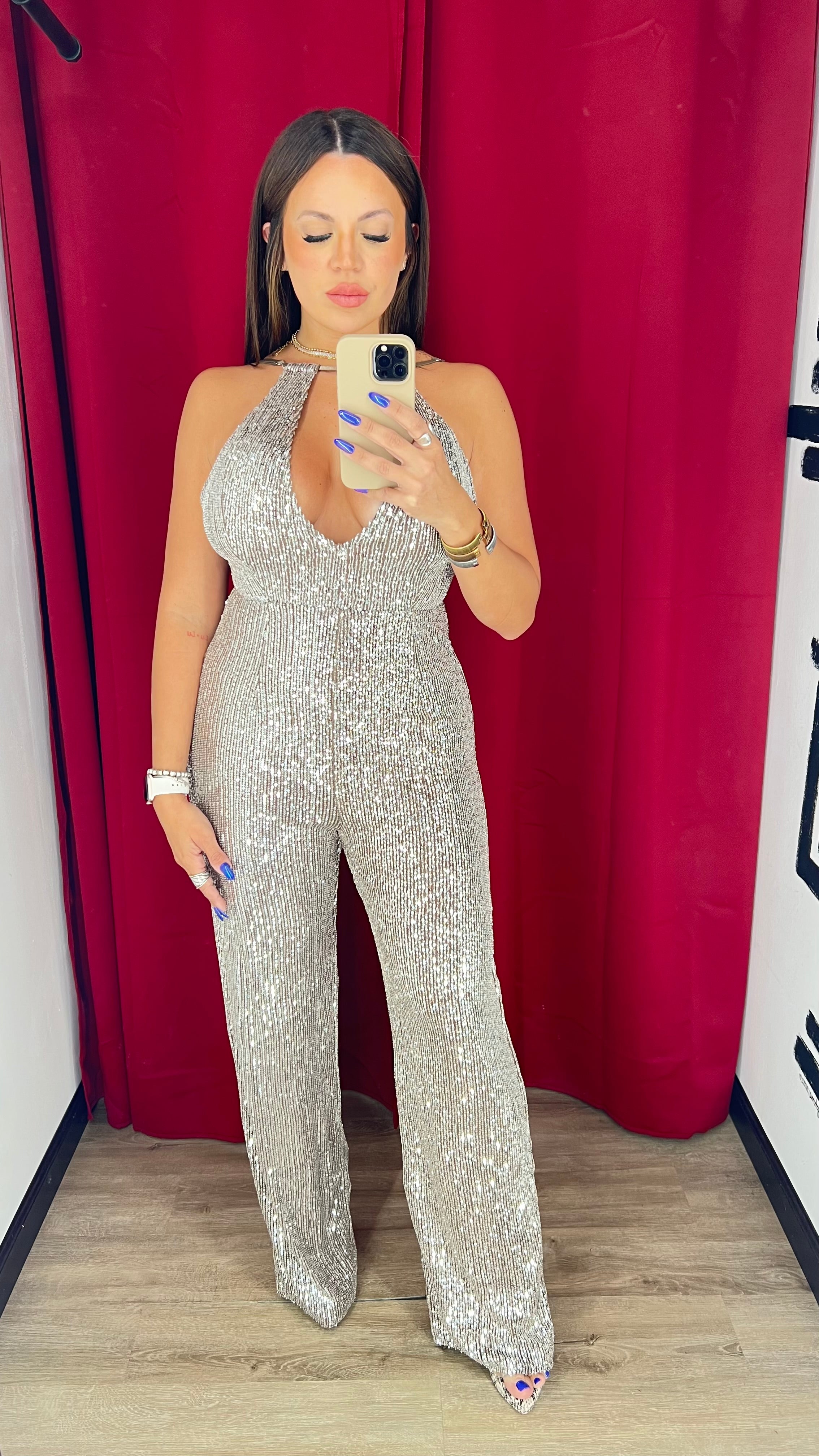 Silver Halter Sequin Jumpsuit