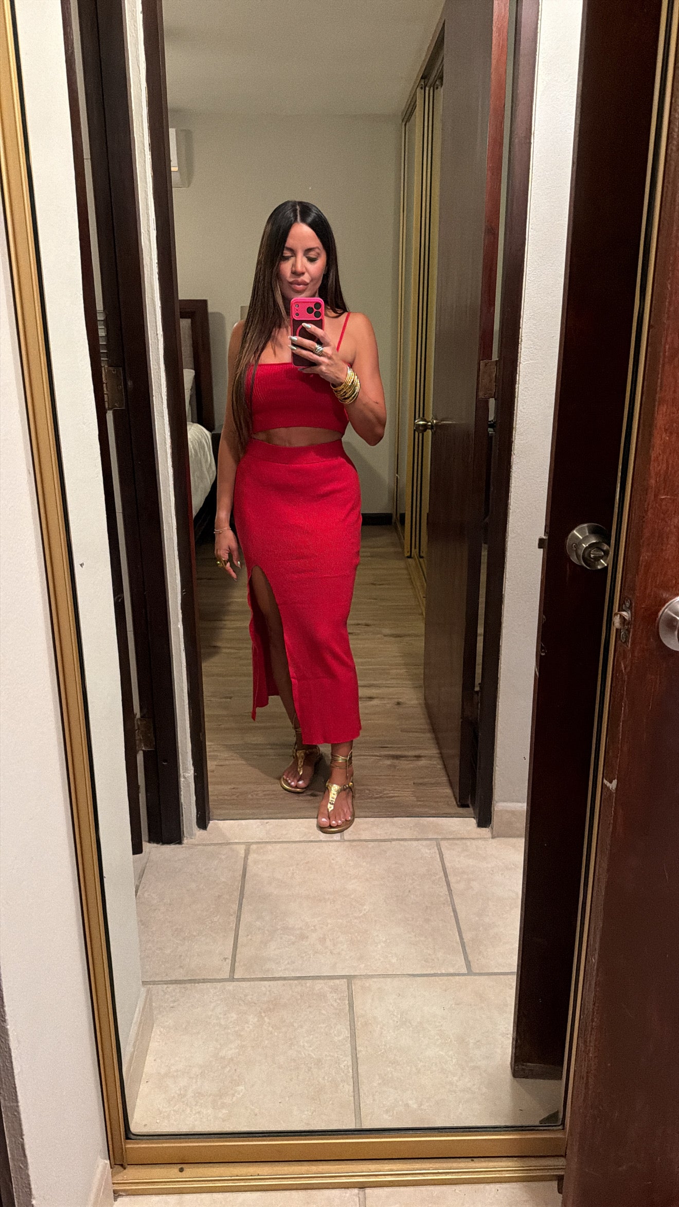 Red Knit Slit Skirt Set