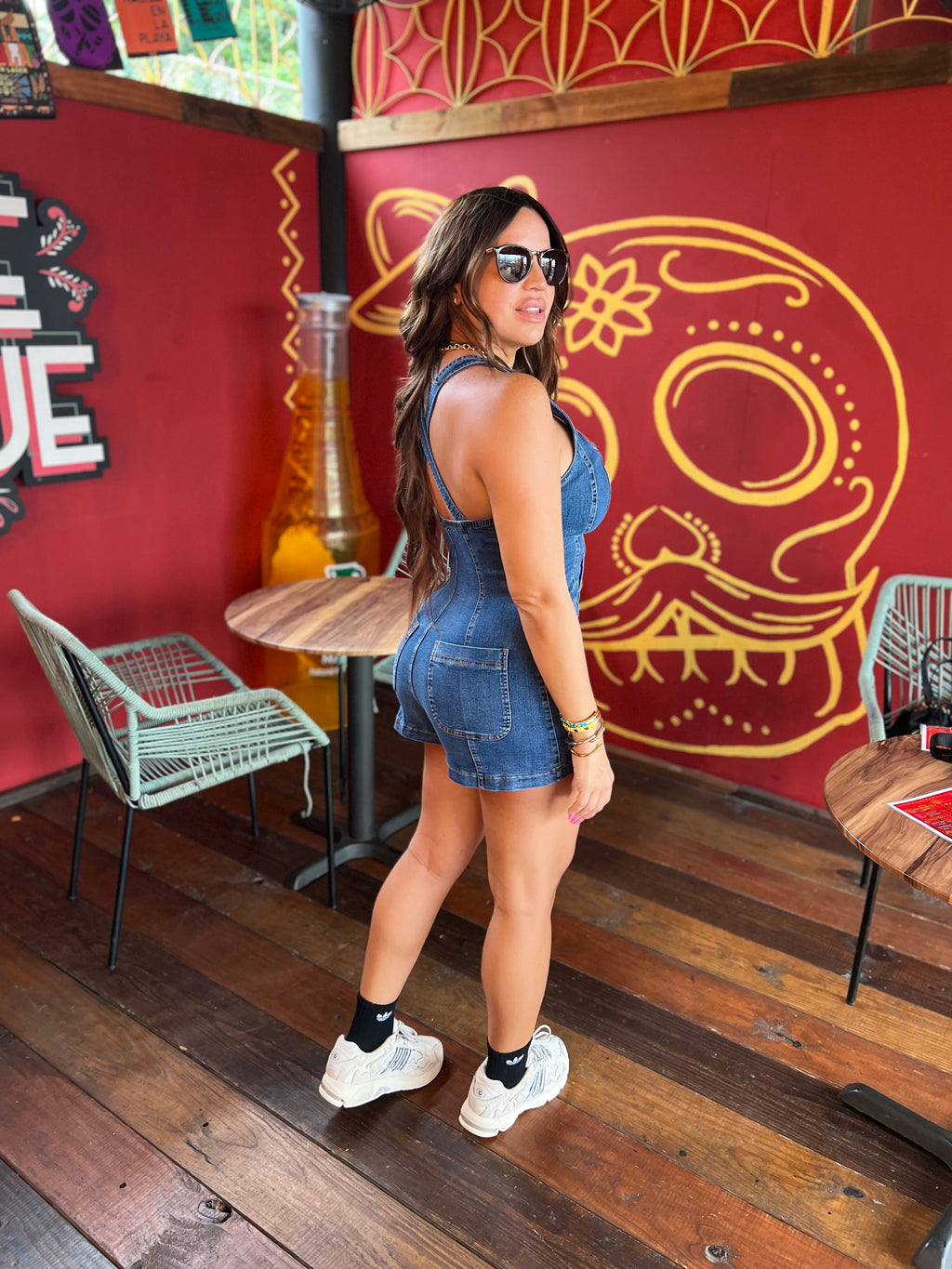 Cross Back Denim Mini Romper