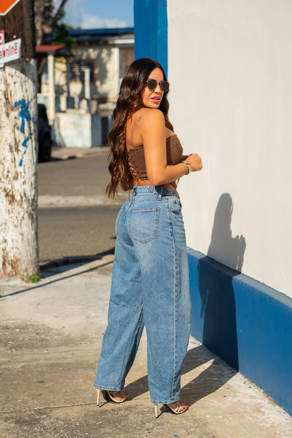 Medium Denim Buckle Side Barrell Jean