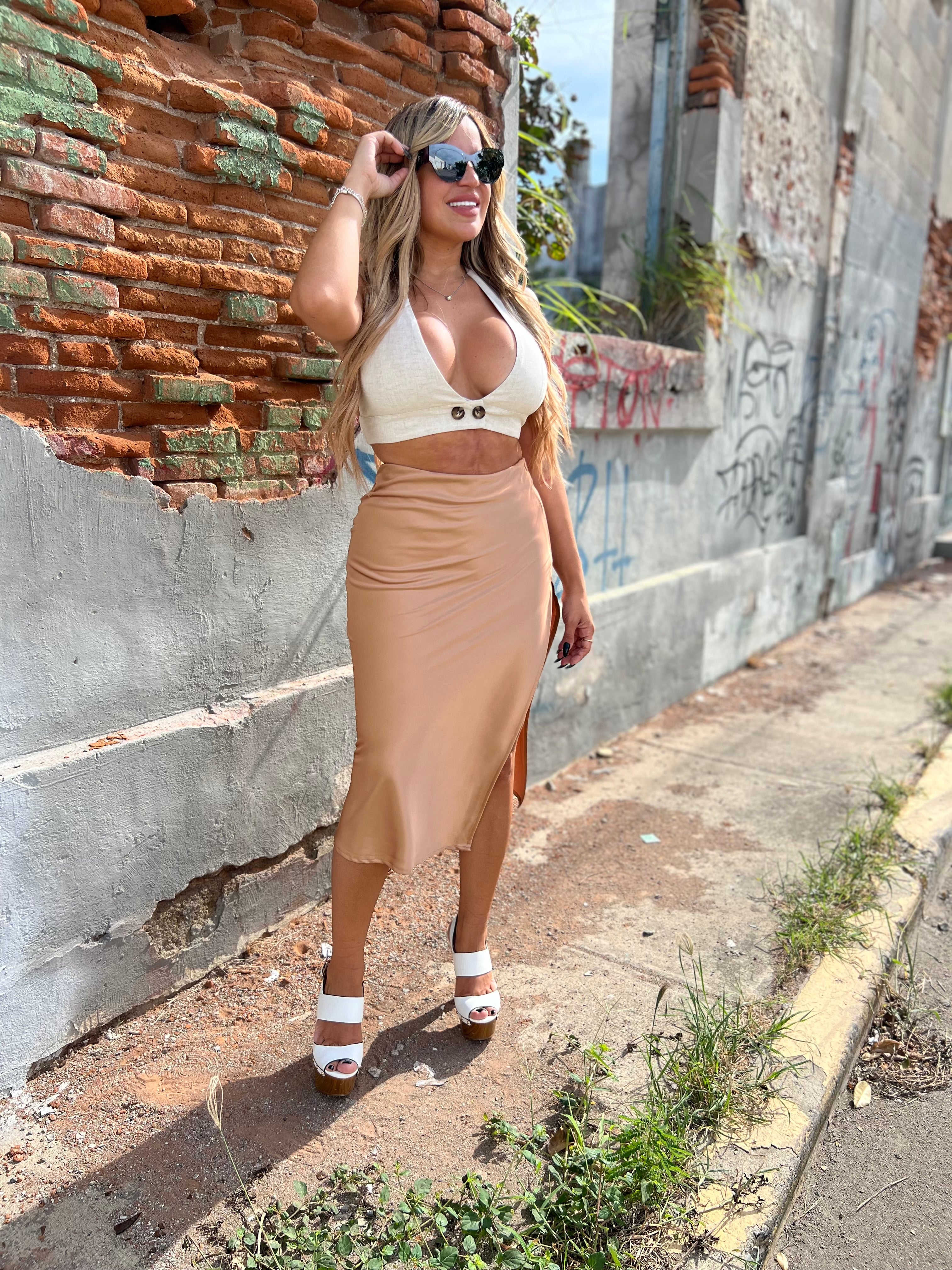 Champagne Satin Slit Skirt