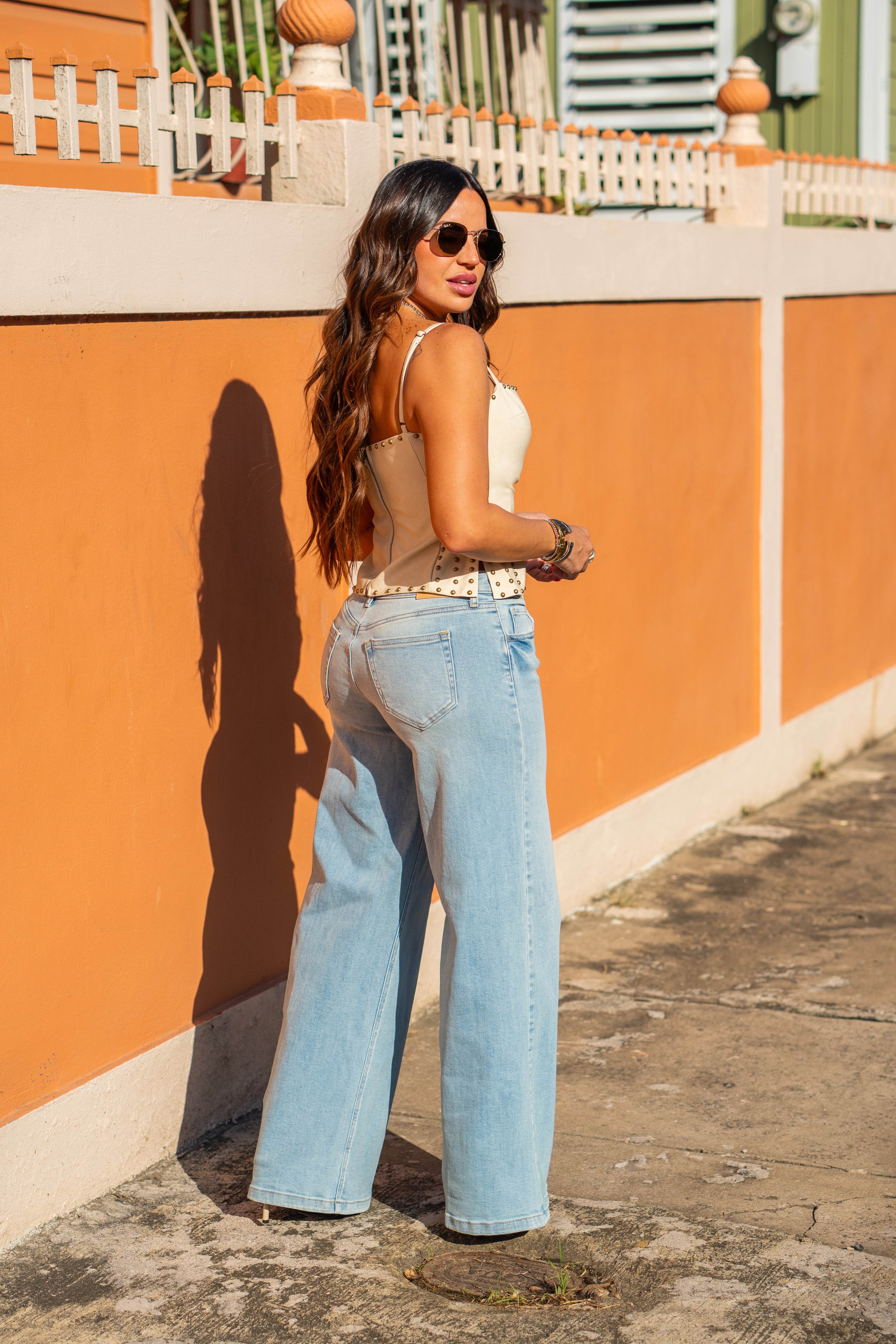 Ivory Leather Gold Studs Top