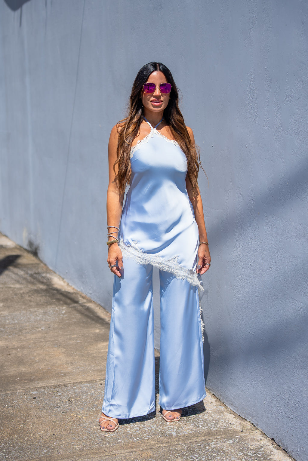 Baby Blue Satin & Ivory Lace Jumpsuit