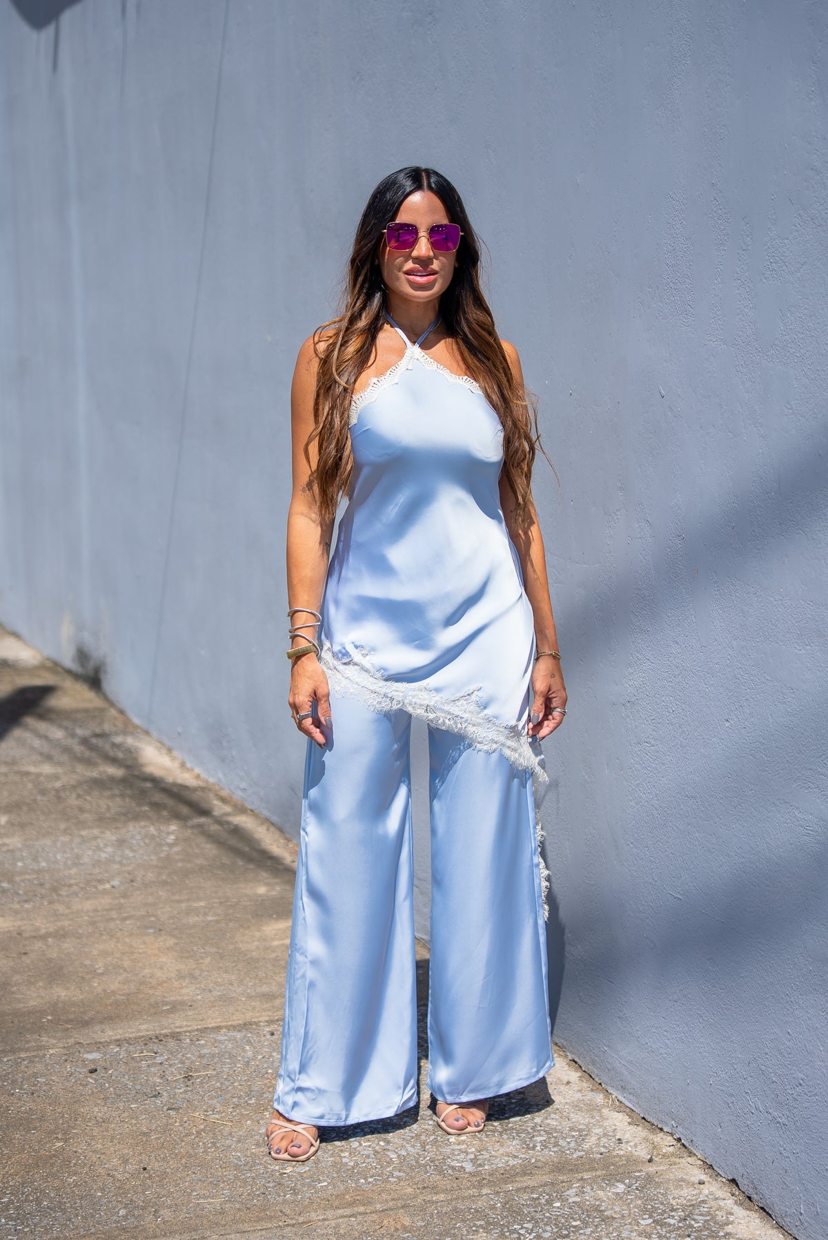 Baby Blue Satin & Ivory Lace Jumpsuit
