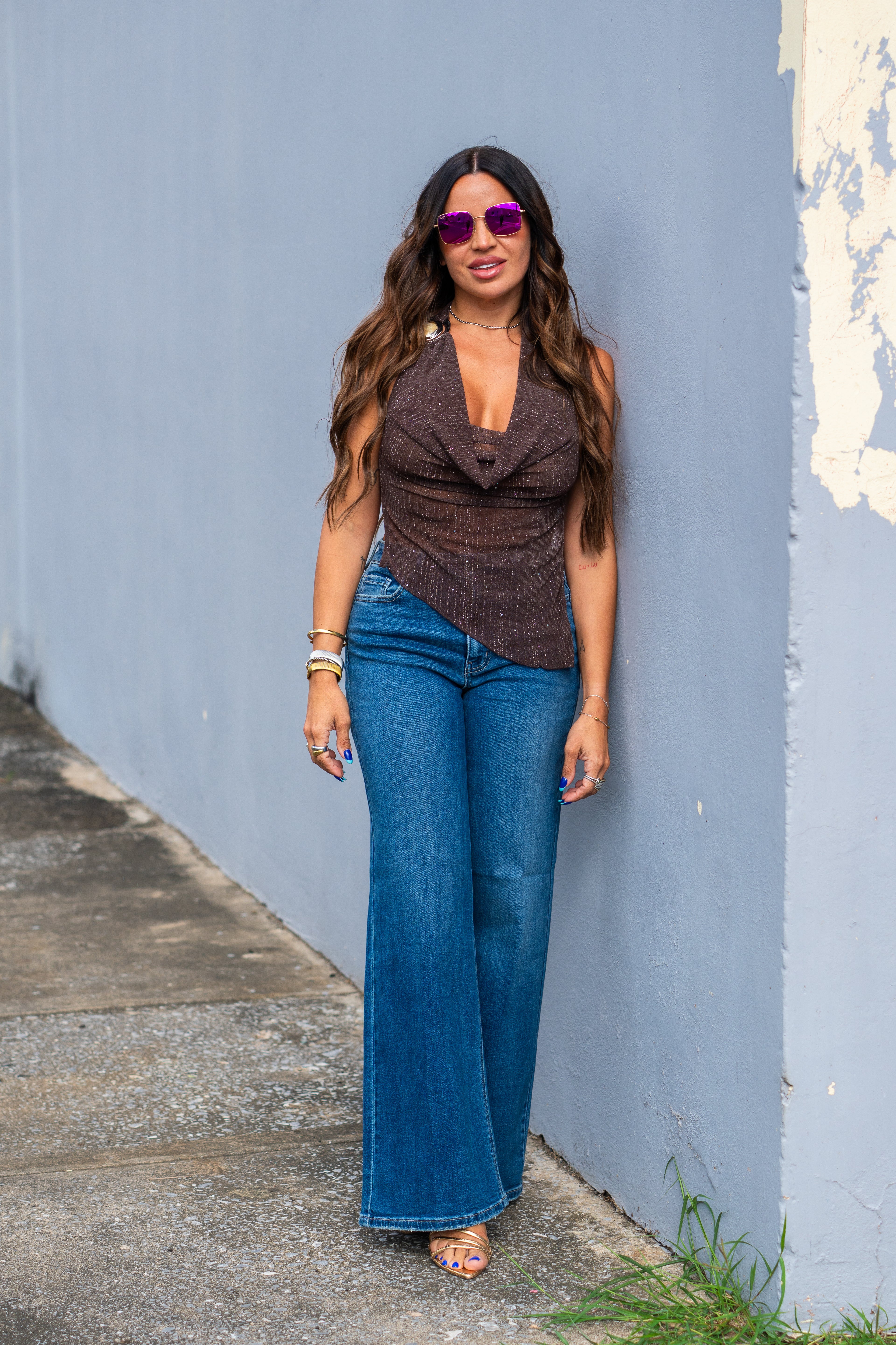 Brown Mesh Gold Detail Top