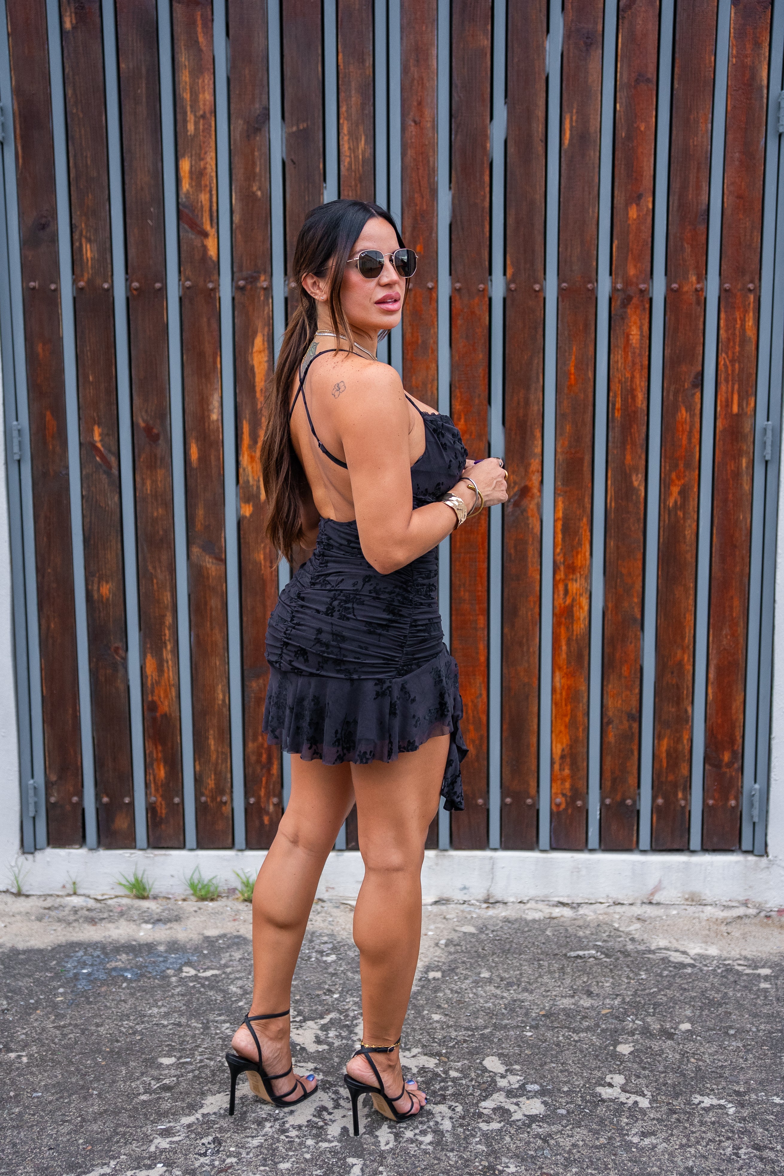 Black Velvet Flowers Mini Dress