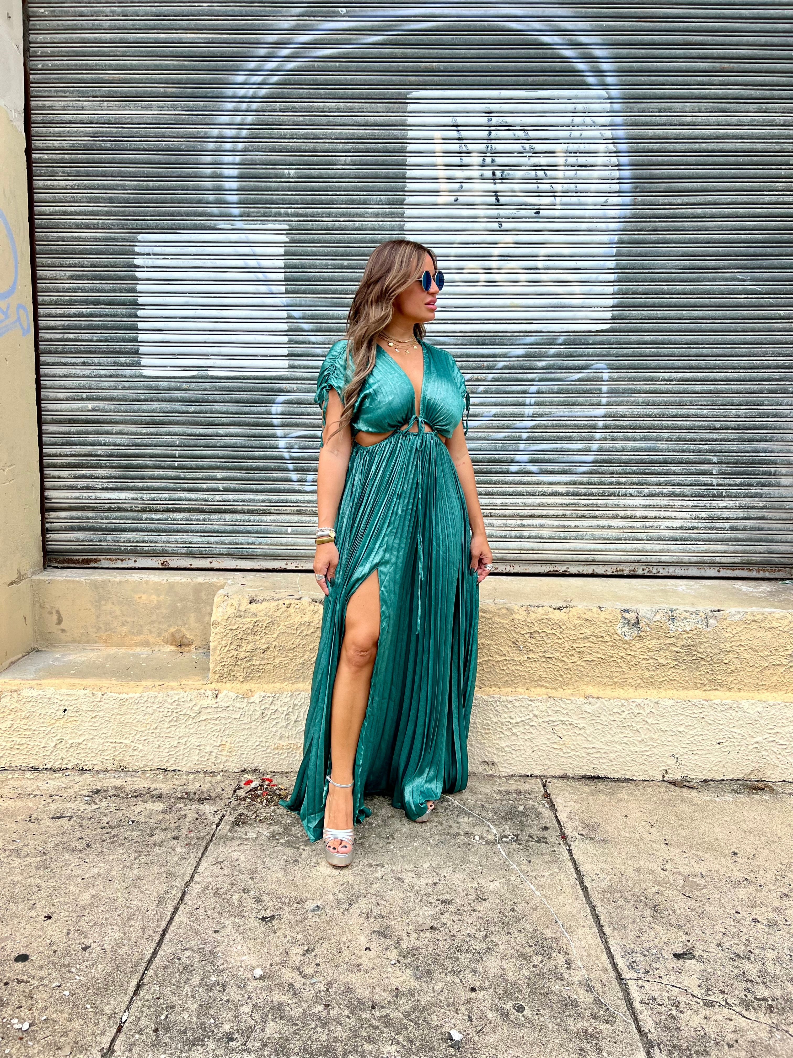 Silver Green Pleated Maxi