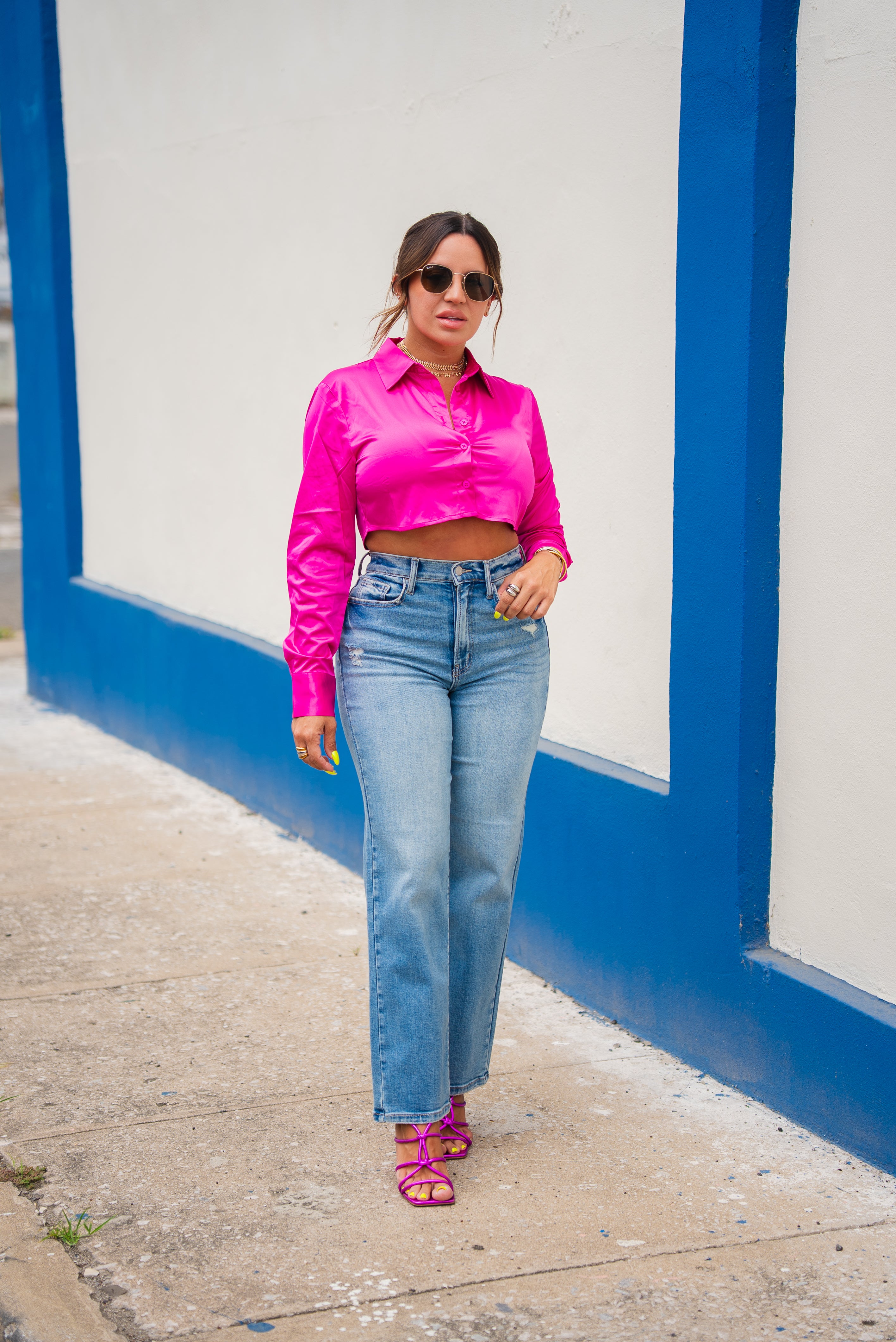 Fuchsia Satin Crop Shirt