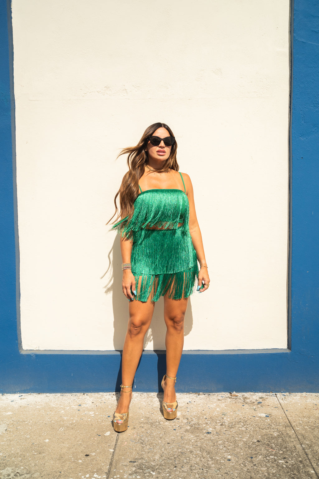 Green Fringes Top n Skirt Set