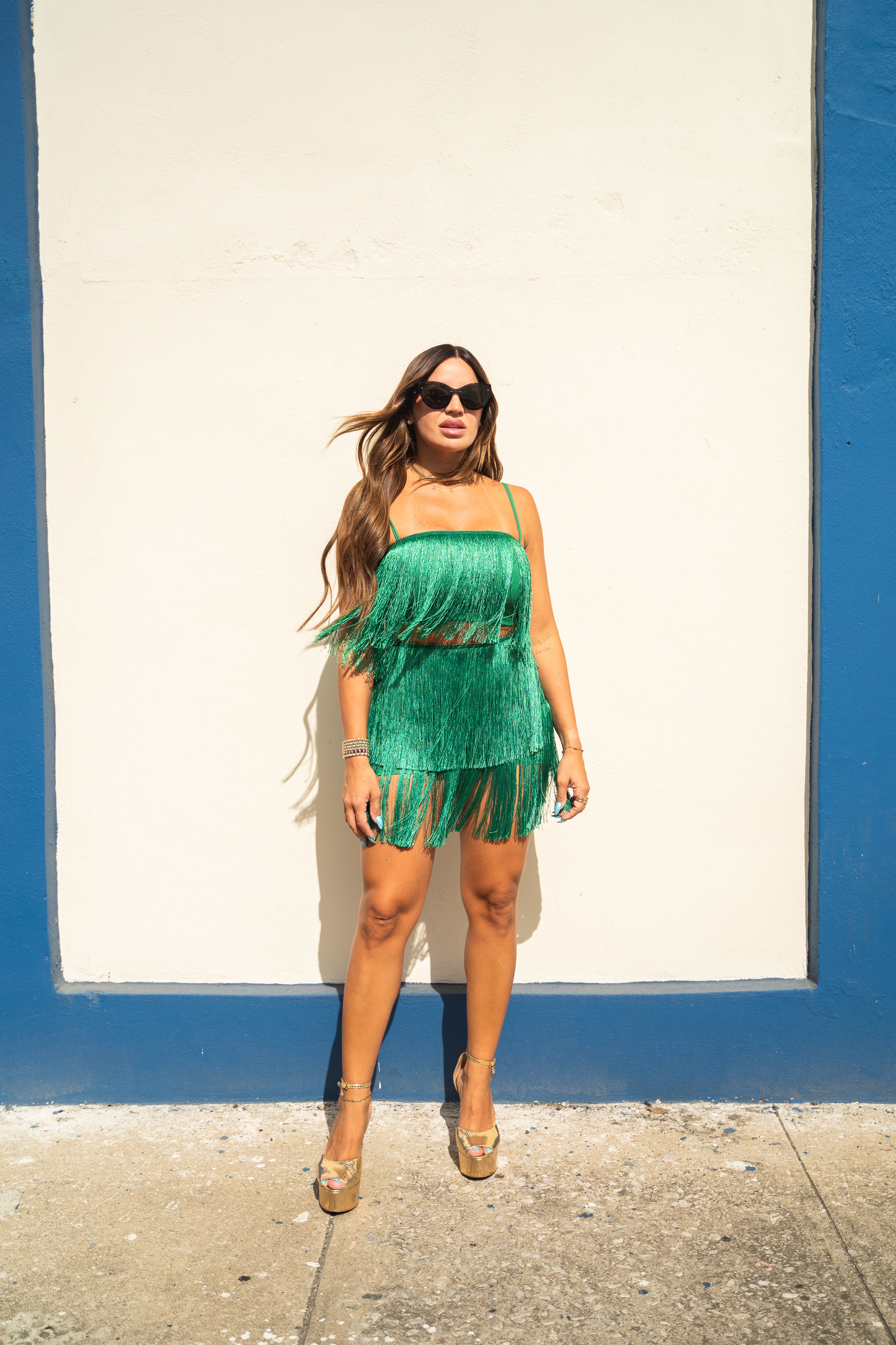 Green Fringes Top n Skirt Set