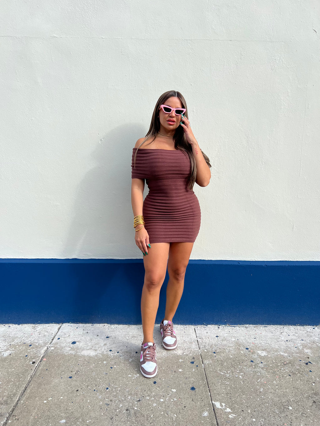 Off Shoulder Brown Midi Dress