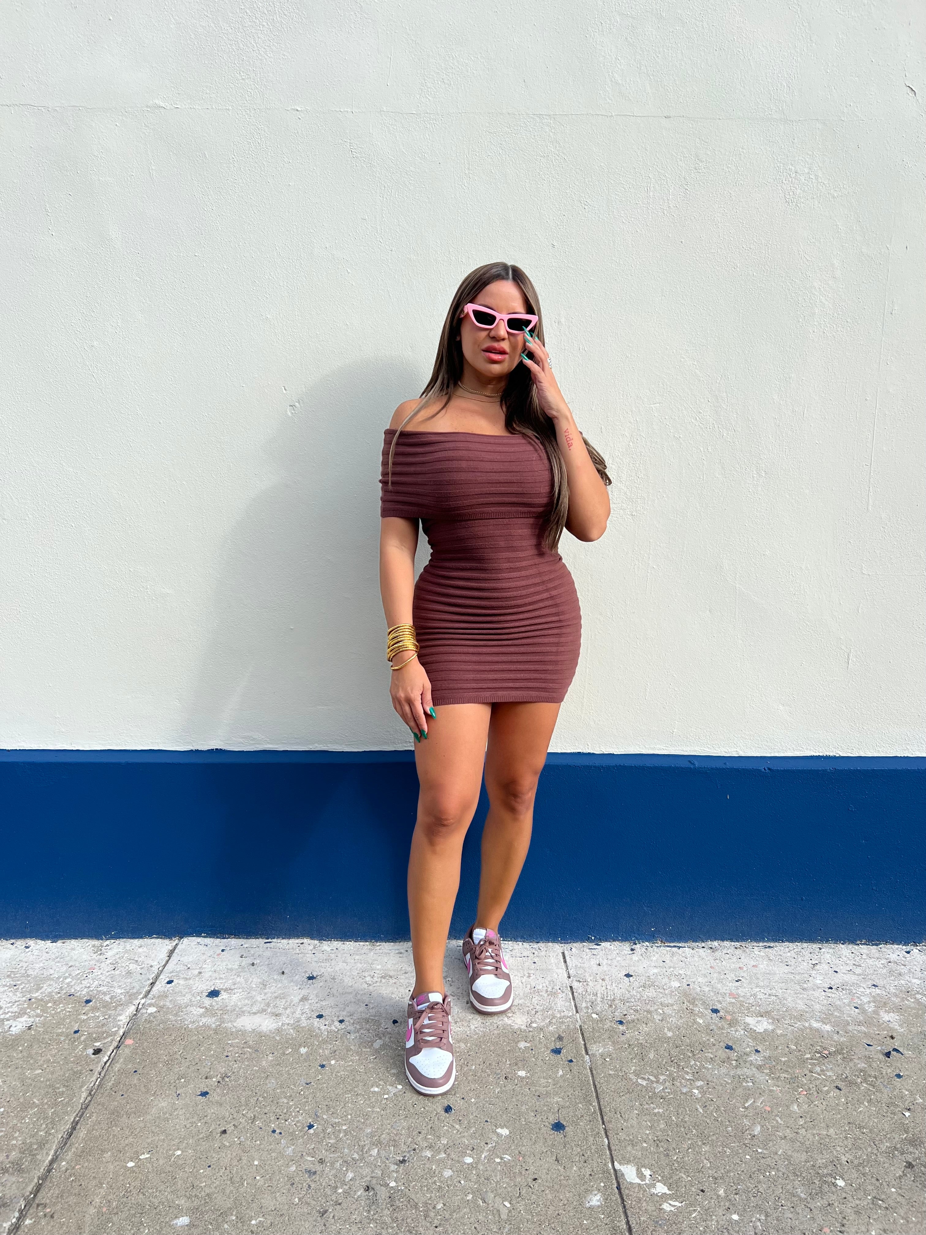 Off Shoulder Brown Midi Dress
