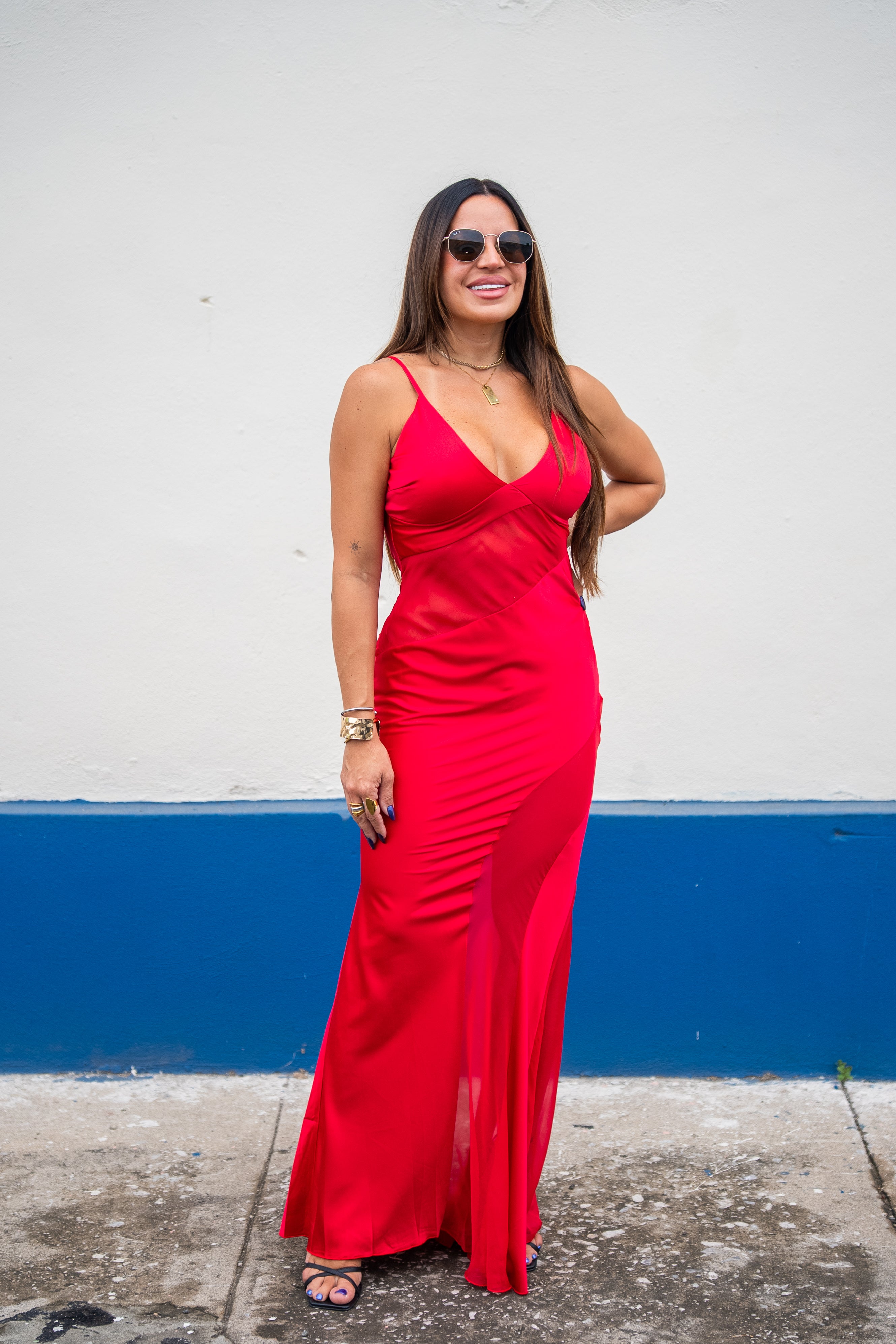 Red Mesh Panels Satin Maxi Dress