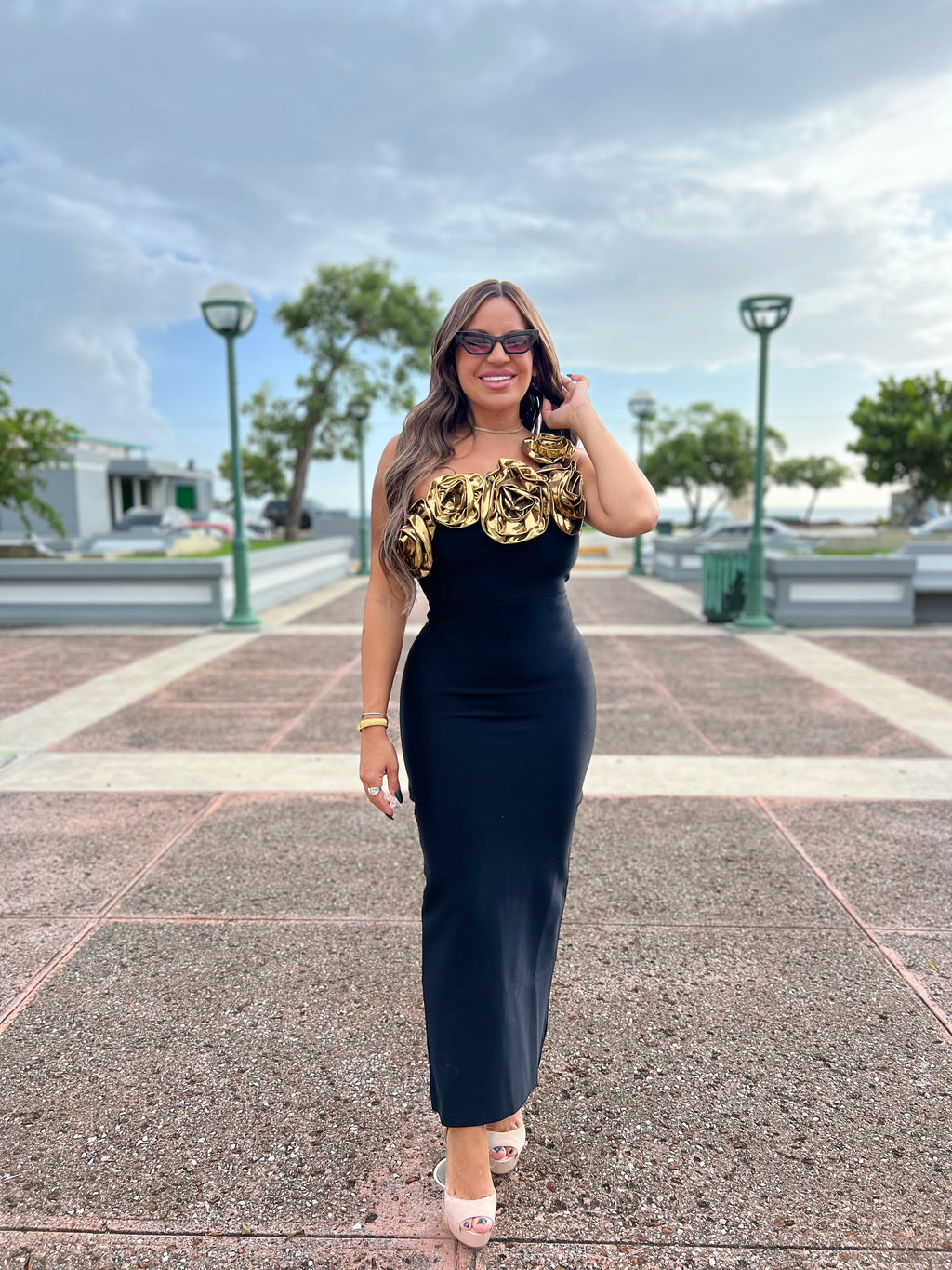 Gold Flowers Bandage Dress