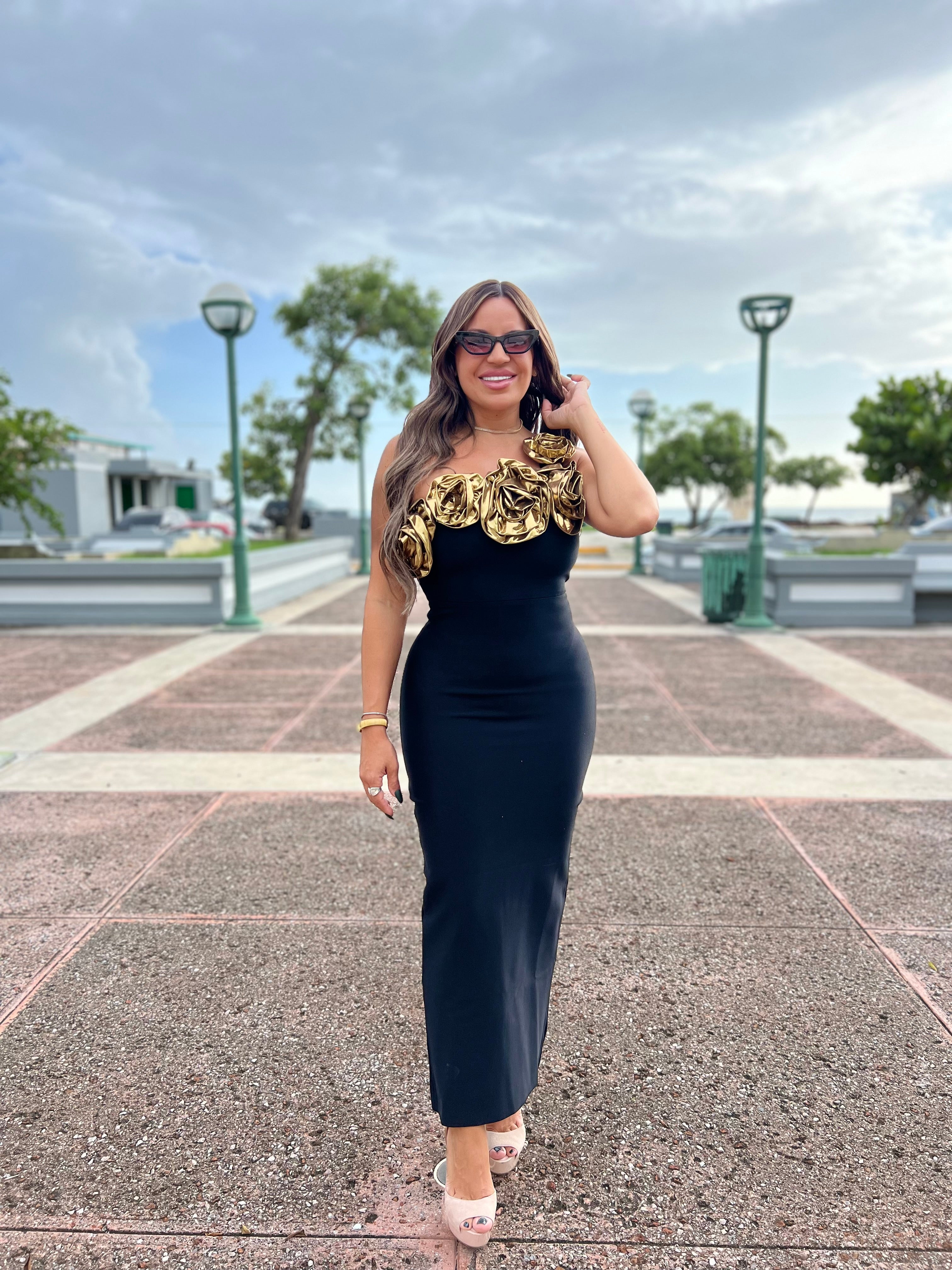 Gold Flowers Bandage Dress