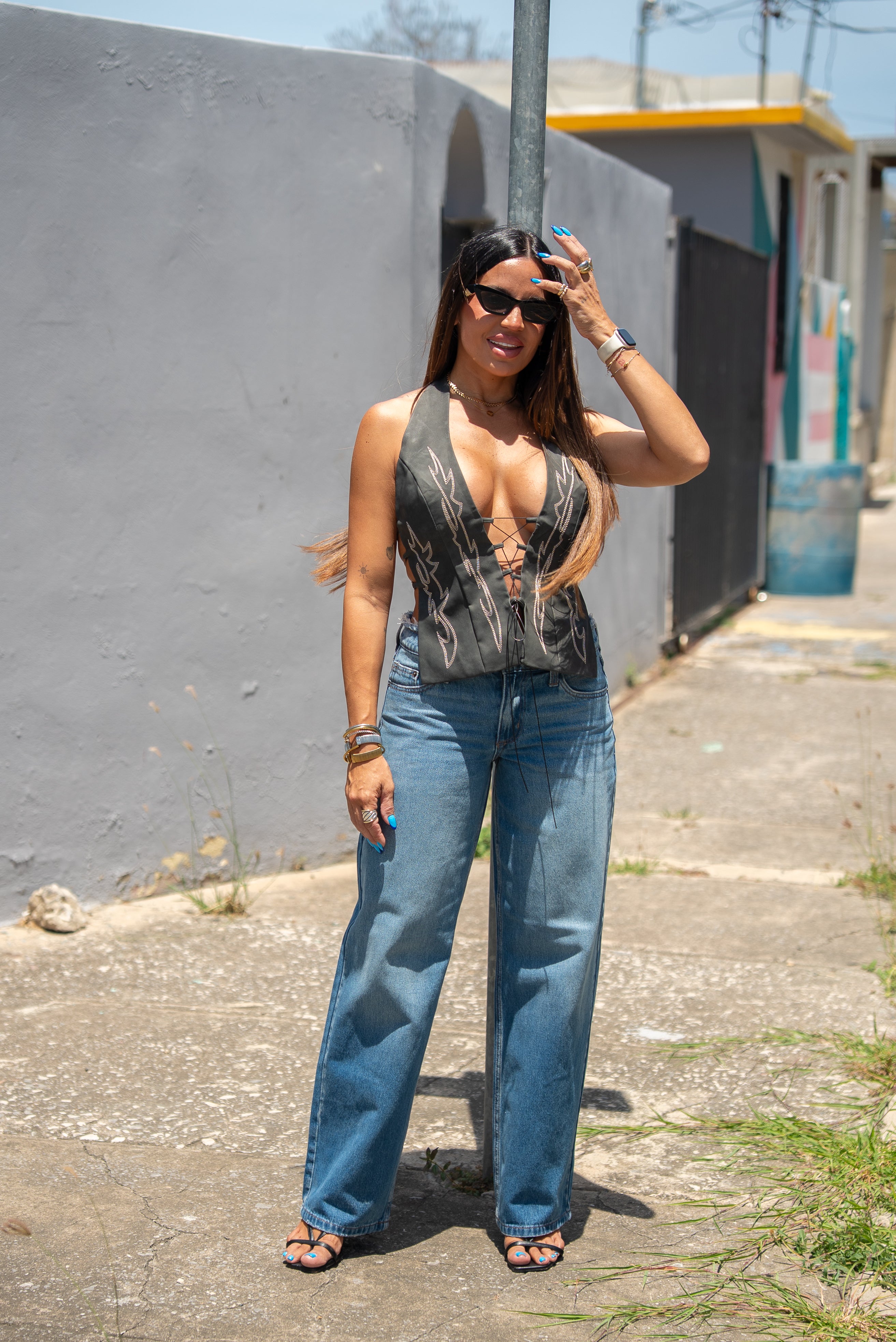 Black Leather Open Back Top