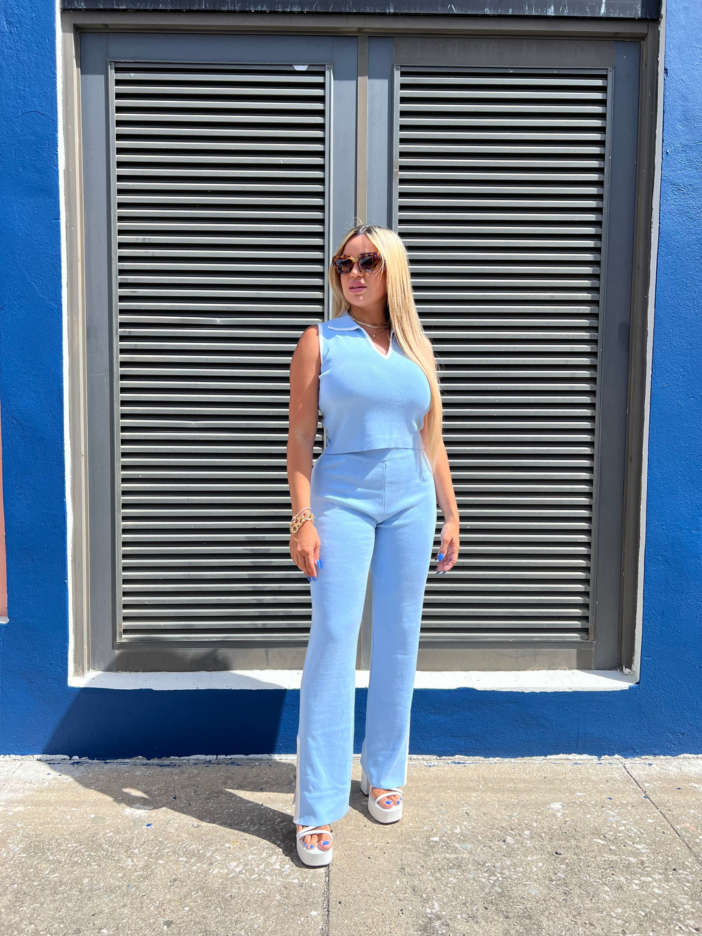 Baby Blue/White Knit Pant Set