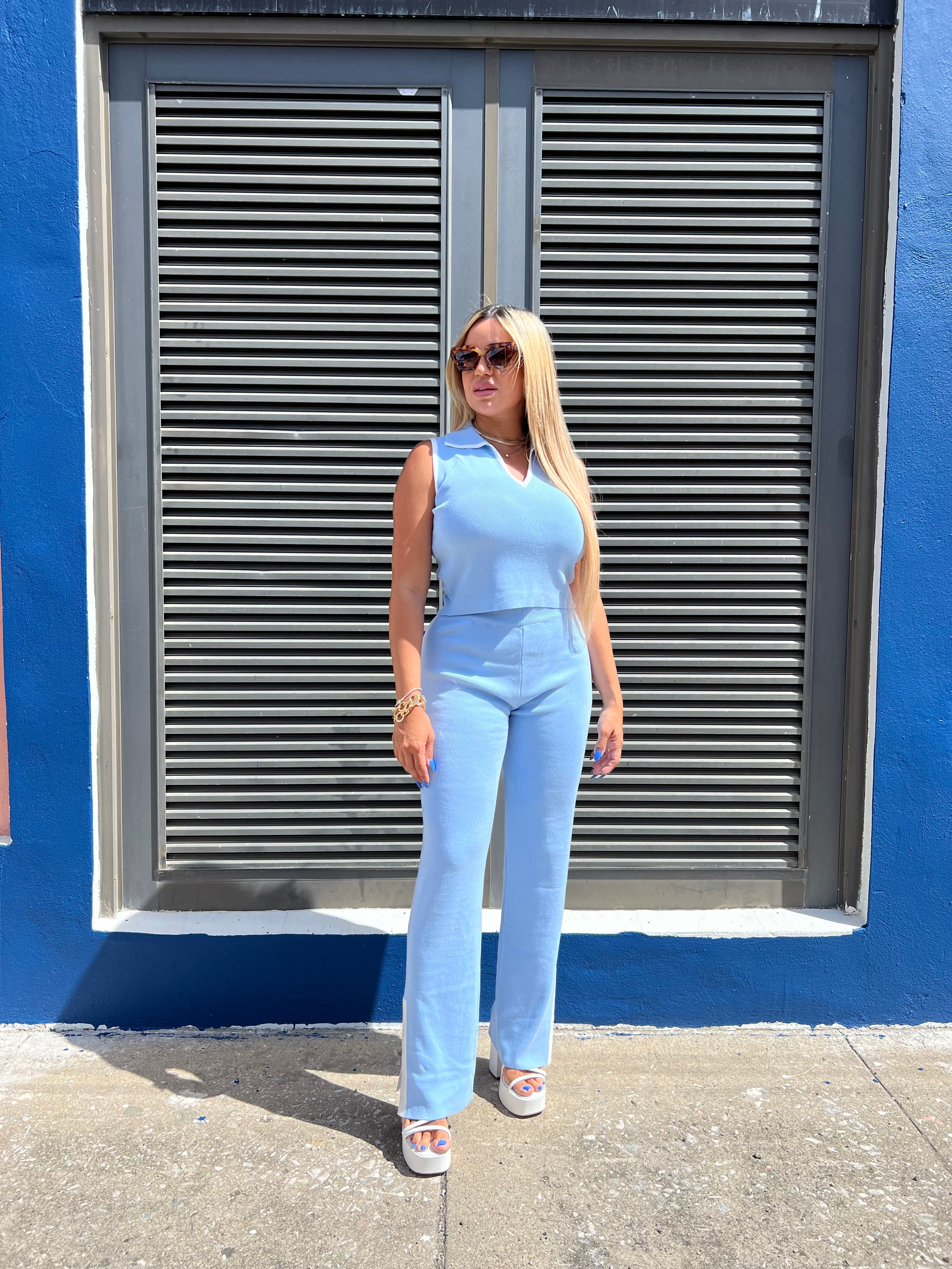 Baby Blue/White Knit Pant Set