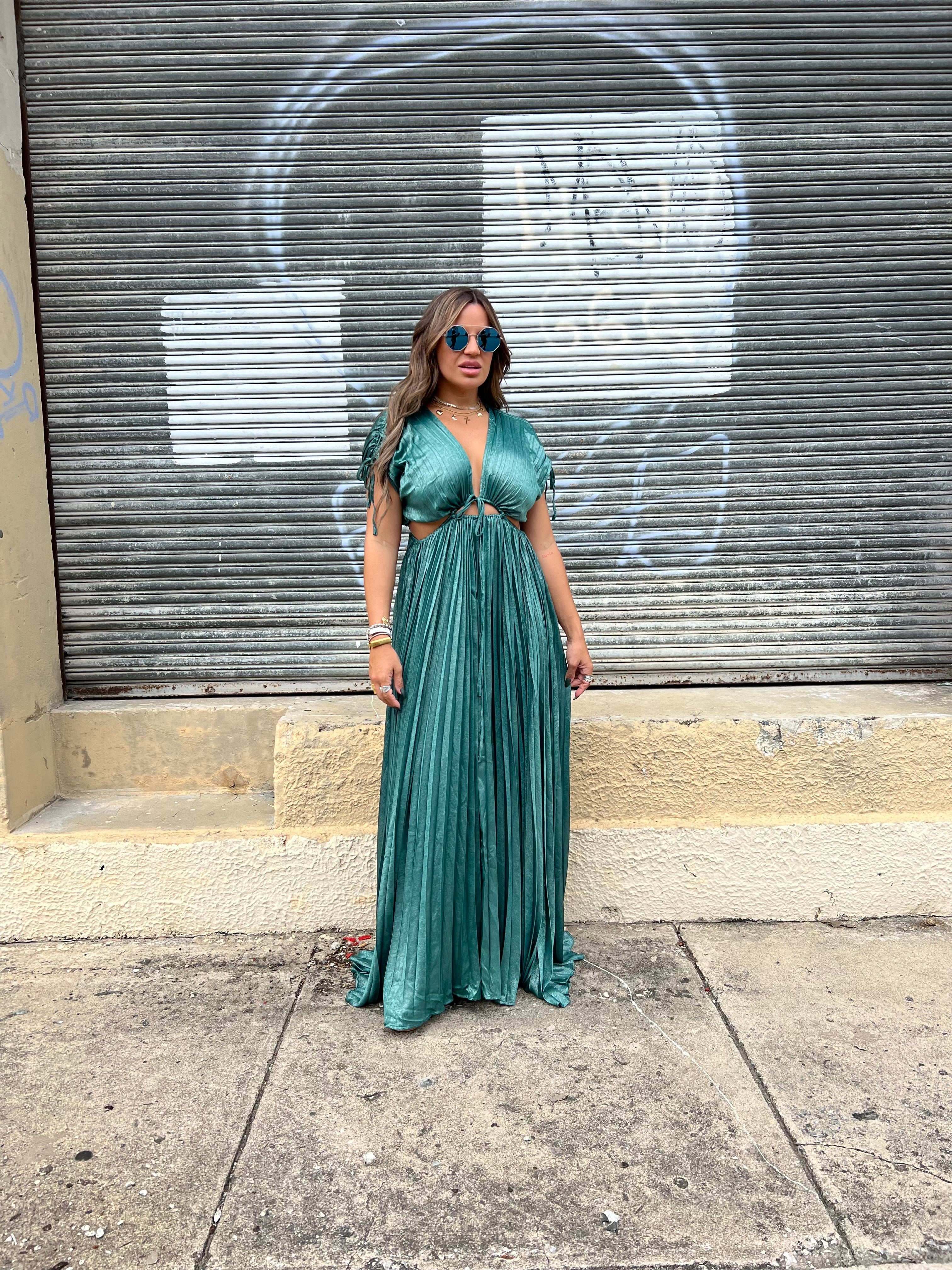 Silver Green Pleated Maxi