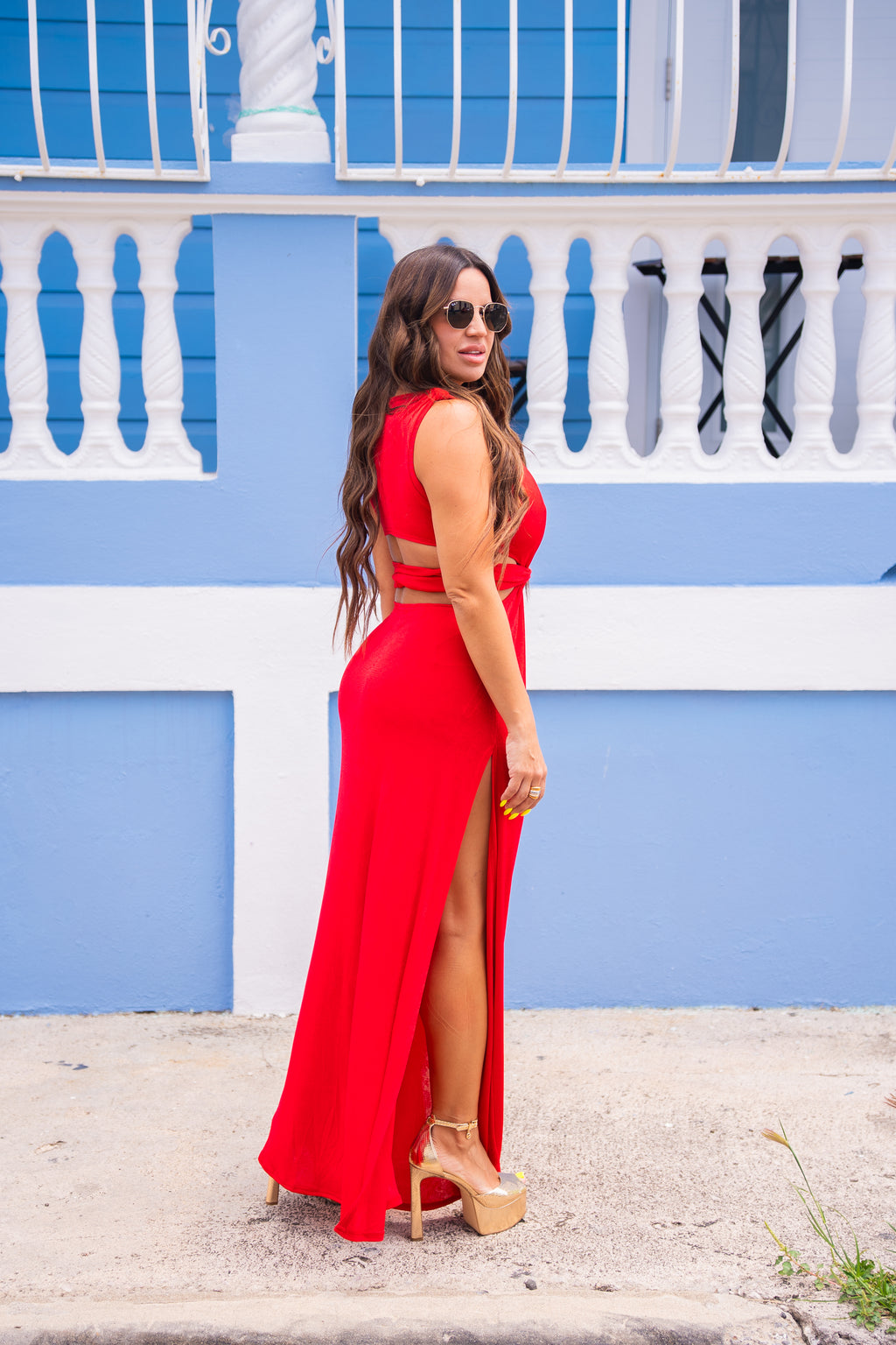 Red Cutouts/Slit Maxi Dress
