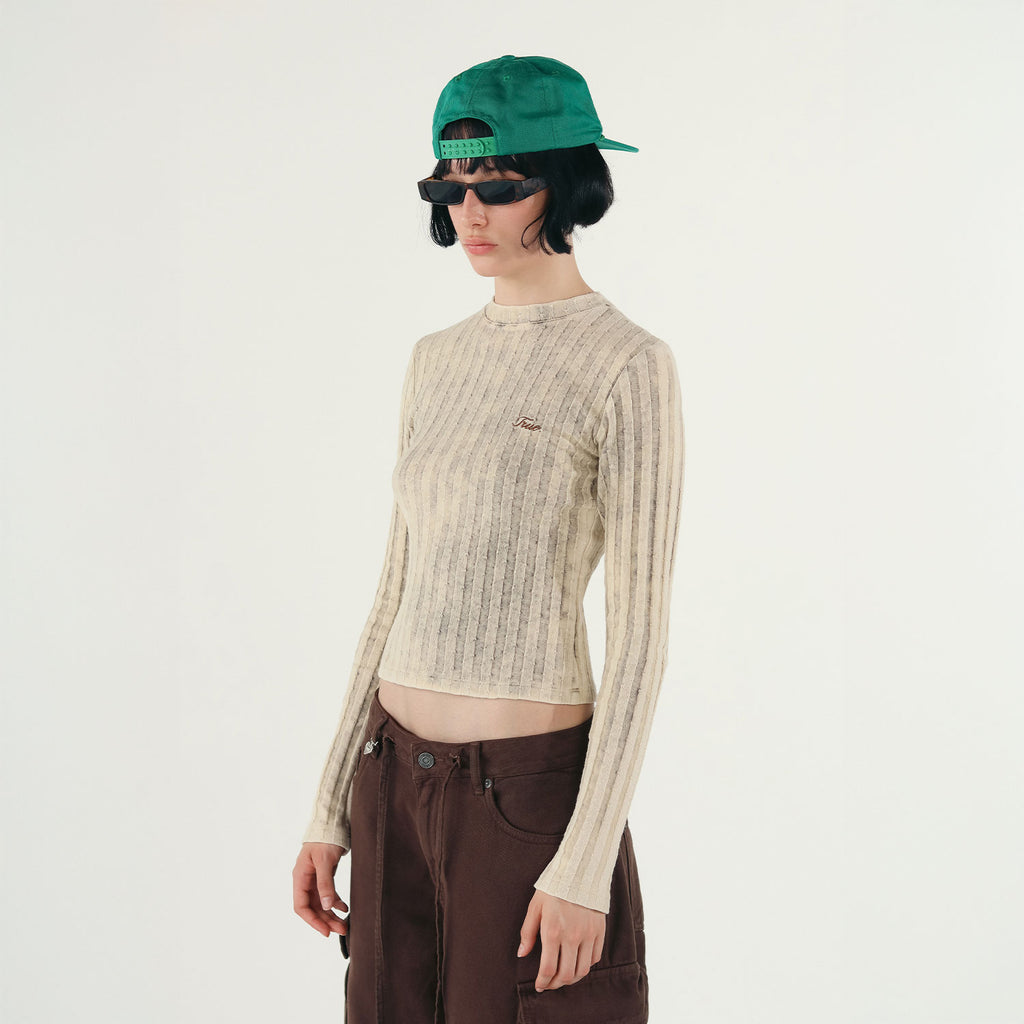 TRuE Ribbed Knit Slim LS Top- Washed Cream
