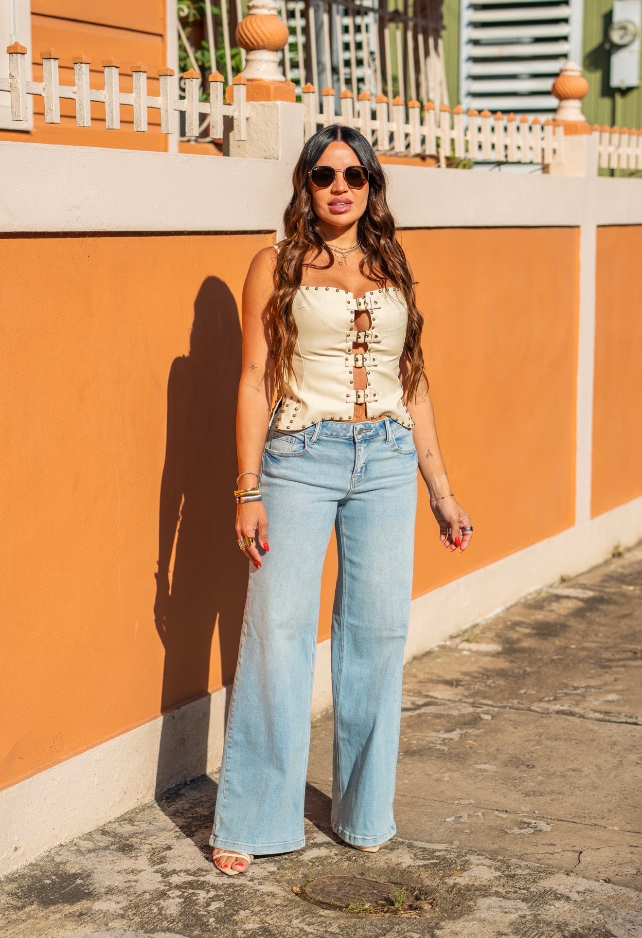 Ivory Leather Gold Studs Top