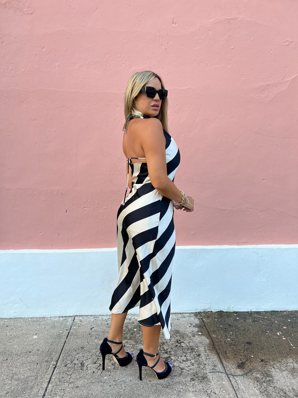 Black/Creme Halter Satin Dress