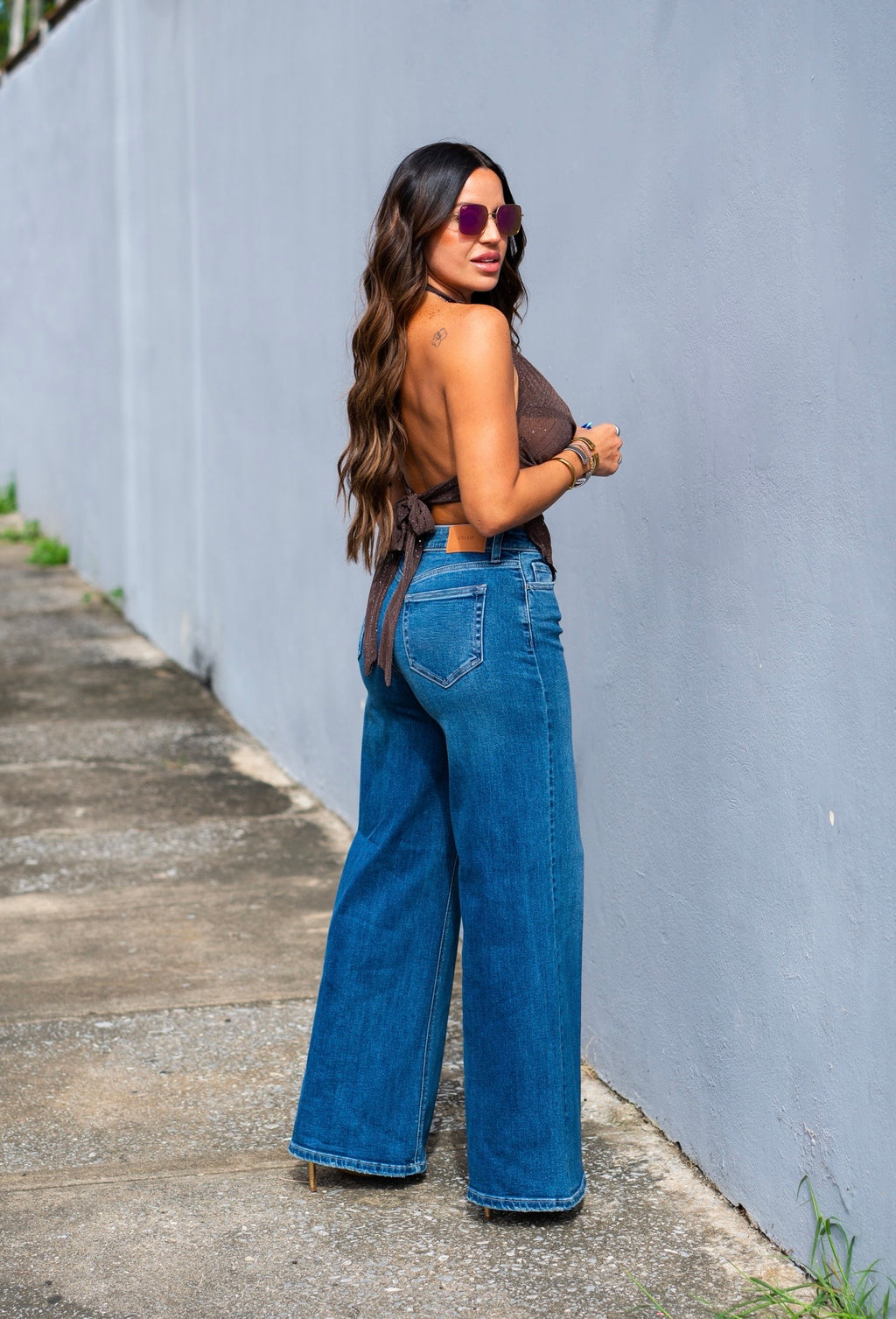 Brown Mesh Gold Detail Top