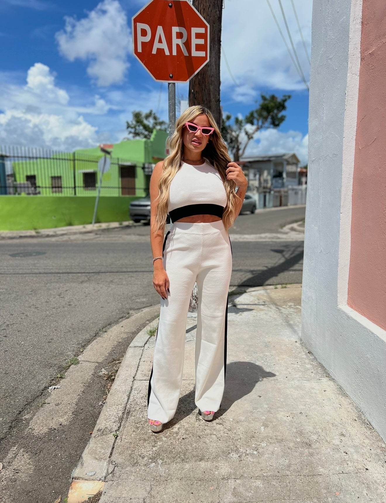 White/Black Knit Pant Set