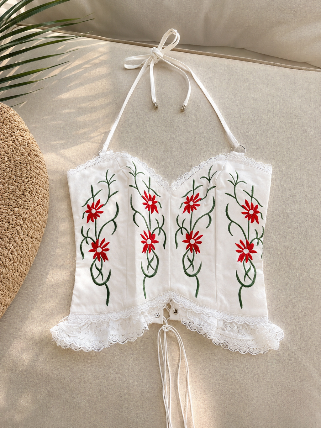 White Leather Flowers Top